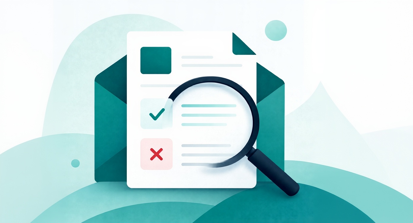 A flat illustration of a fine letter being inspected by a magnifying glass, with a green check mark on one section and a red X on another — representing FineCheck's procedural-compliance review